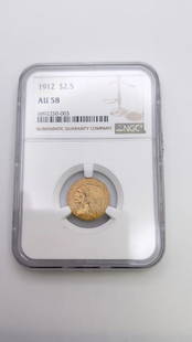 1912 $2.5 GOLD INDIAN HEAD QUARTER EAGLE COIN  NGC AU 58: 1912 $2.5 Gold Indian Head Quarter Eagle Coin NGC AU 58 Book Value - $555