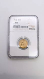 1912 $2.5 GOLD INDIAN HEAD QUARTER EAGLE COIN NGC AU 58: 1912 $2.5 Gold Indian Head Quarter Eagle Coin NGC AU 58 Book Value - $555