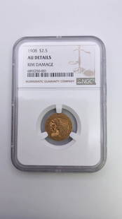 1908 $2.5 GOLD INDIAN HEAD QUARTER EAGLE COIN NGC AU DETAILS: 1908 $2.5 Gold Indian Head Quarter Eagle Coin NGC AU Details Rim Damage