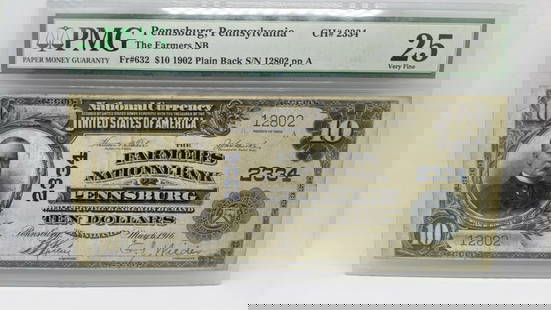 1902 $10 NATIONAL BANK NOTE PENNSBURG, PENNSYLVANIA PMG 25 - FR#632 - CH#2334: 1902 $10 NATIONAL BANK NOTE PENNSBURG, PENNSYLVANIA PMG 25 - FR#632 - CH#2334 1902 National Currency $10 Plain Back National Bank Note Pennsburg, Pennsylvania The Farmers National Bank of Pennsburg Pe