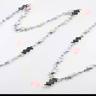 BRENDA SCHOENFELD STERLING SILVER MEXICO RED GLASS STONE STATION NECKLACE 18.5": BRENDA SCHOENFELD STERLING SILVER MEXICO RED STONE STATEMENT NECKLACE 18.5" Brenda Schoenfeld 1995 Vintage Sterling Silver Red Glass Stone Station Chunky Necklace Length - 18.5" Chain Width - 10-11mm
