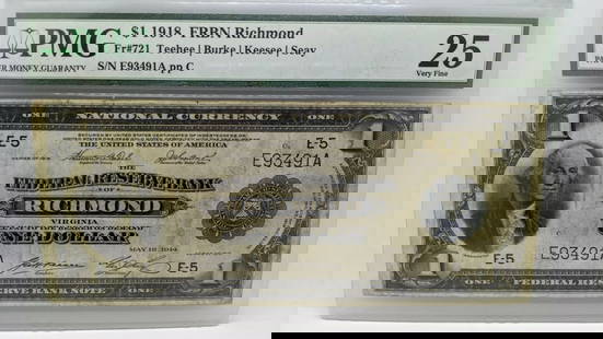 1918 $1 FEDERAL RESERVE BANK NOTE RICHMOND PMG 25 - FR#721 - LARGE SIZE NOTE: 1918 $1 FEDERAL RESERVE BANK NOTE RICHMOND PMG 25 - FR#721 - LARGE SIZE NOTE 1918 $1 Federal Reserve Bank Note Richmond Large Size Note Note # 721 Serial # E93491A PMG Grade - VF 25 Very Fine PMG Cert