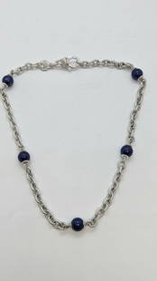 JUDITH RIPKA STERLING SILVER LAPIS LAZULI GEMSTONE STATION CHAIN NECKLACE 18": JUDITH RIPKA STERLING SILVER LAPIS LAZULI GEMSTONE CHAIN NECKLACE - 18" LONG Judith Ripka Sterling Silver Blue Lapis Necklace Length - 18" Long Slight Scuff on one of the Beads Check Pictures Total We