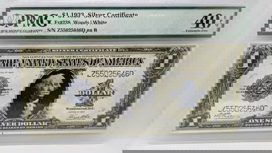 1923 $1 SILVER CERTIFICATE - PMG 40 EPQ - FR#238 - LARGE SIZE NOTE: 1923 $1 SILVER CERTIFICATE - PMG 40 EPQ - FR#238 - LARGE SIZE NOTE 1923 $1 Silver Certificate Large Size Note Note # 238 Serial # Z55025646D PMG Grade -XF 40 EPQ Extremely Fine PMG Cert # 8067237-022