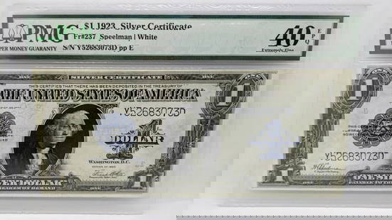 1923 $1 SILVER CERTIFICATE - PMG 40 EPQ - FR#237 - LARGE SIZE NOTE: 1923 $1 SILVER CERTIFICATE - PMG 40 EPQ - FR#237 - LARGE SIZE NOTE 1923 $1 Silver Certificate Large Size Note Note # 237 Serial # Y52683073D PMG Grade - XF 40 EPQ Extremely Fine PMG Cert # 8067237-020