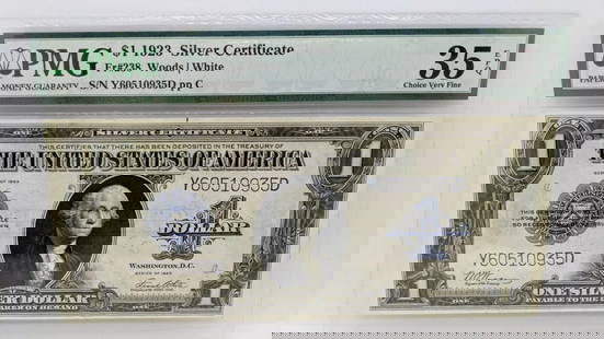 1923 $1 SILVER CERTIFICATE - PMG 35 EPQ - FR#238 - LARGE SIZE NOTE: 1923 $1 SILVER CERTIFICATE - PMG 35 EPQ - FR#238 - LARGE SIZE NOTE 1923 $1 Silver Certificate Large Size Note Note # 238 Serial # Y60510935D PMG Grade -VF 35 EPQ Choice Very Fine PMG Cert # 8067237-02