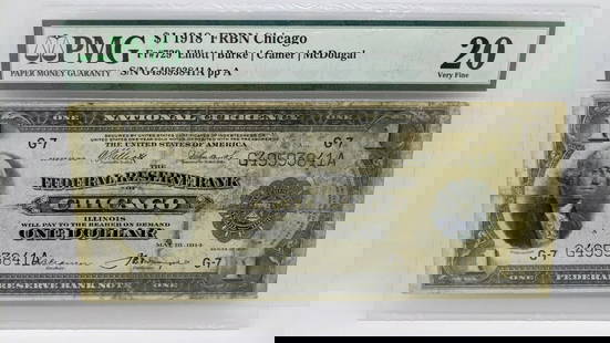 1918 $1 FEDERAL RESERVE BANK NOTE CHICAGO - PMG 20 - FR#729 - LARGE SIZE NOTE: 1918 $1 FEDERAL RESERVE BANK NOTE CHICAGO - PMG 20 - FR#729 - LARGE SIZE NOTE 1918 $1 Federal Reserve Bank Note Large Size Note Chicago Note # 729 Serial # G49593841A PMG Grade - VF 20 Very Fine PMG C