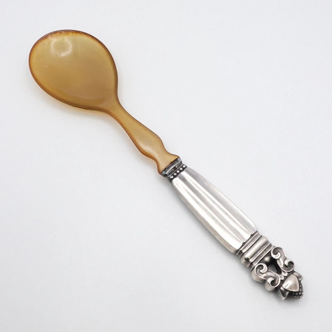 GEORG JENSEN JOHAN ROHDE STERLING SILVER ACORN MEDIUM SERVING HORN SPOON 8.25": GEORG JENSEN JOHAN ROHDE STERLING SILVER ACORN MEDIUM SERVING HORN SPOON 8.25" Vintage Georg Jensen Design by Johan Rohde Sterling Silver Handle Acorn Pattern Medium Serving Horn Spoon Discontinued Pi