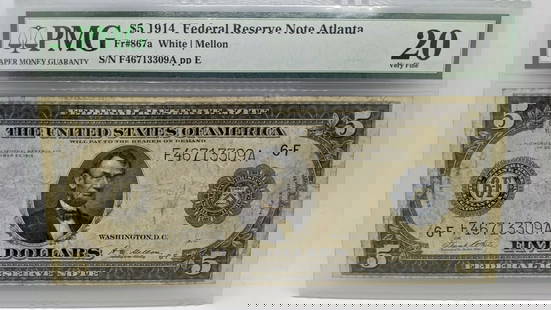 1914 $5 FEDERAL RESERVE NOTE ATLANTA - PMG 20 - FR#867A - LARGE SIZE NOTE: 1914 $5 FEDERAL RESERVE NOTE ATLANTA - PMG 20 - FR#867A - LARGE SIZE NOTE 1914 $5 Federal Reserve Note Atlanta Large Size Note Note # 867a Serial # F46713309A PMG Grade - VF 20 Very Fine PMG Cert # 80