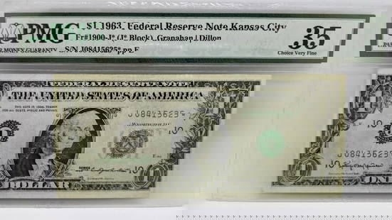 1963 $1 FEDERAL RESERVE NOTE KANSAS CITY PMG 35 - STAR NOTE: 1963 $1 FEDERAL RESERVE NOTE KANSAS CITY PMG 35 - STAR NOTE 1963 $1 Federal Reserve Note Kansas City Note # 1900-J Serial # J08415625 PMG Grade - VF 35 Choice Very Fine PMG Cert # 8067238-034 Signatur