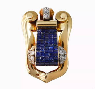 BOUCHERON 18K GOLD RETRO CLIP PIN BROOCH DIAMOND SAPPHIRE: BOUCHERON 18K GOLD RETRO CLIP PIN BROOCH DIAMOND SAPPHIRE Boucheron, Paris Sapphire Diamond 18 karat Yellow Gold Platinum Clip Chic Retro clip created by Boucheron Paris in 1930s. Made of 18 karat yel