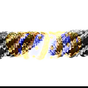 DAVID WEBB 18K GOLD BRACELET BLUE ENAMEL: DAVID WEBB 18K GOLD BRACELET BLUE ENAMEL Product details: DESIGNER: David Webb CIRCA: 1990’s MATERIALS: 18k Yellow Gold, Blue Enamel WEIGHT: 136.7 Grams MEASUREMENTS: 8 1/2" x 7/8” HALLMARKS: