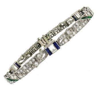 ART DECO PLATINUM BRACELET DIAMOND SAPPHIRE EMERALD: ART DECO PLATINUM BRACELET DIAMOND SAPPHIRE EMERALD Art Deco Diamond Sapphire Emerald Bracelet A delicate Art Deco bracelet created in the 1930s.The bracelet is made of platinum, step cut (1.50 carats