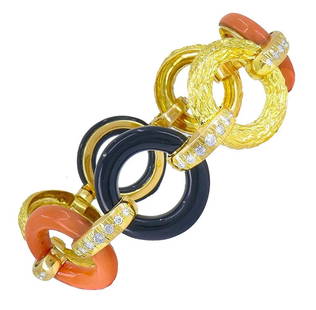 FRENCH VINTAGE BRACELET ATELIER JANCA 18K GOLD DIAMOND CORAL BLACK ONYX JEWELRY: FRENCH VINTAGE BRACELET ATELIER JANCA 18K GOLD DIAMOND CORAL BLACK ONYX JEWELRY Atelier JANCA 18 karat Yellow Gold Diamond Coral Black Onyx Bracelet A beautiful vintage French bracelet, made of 18k ye