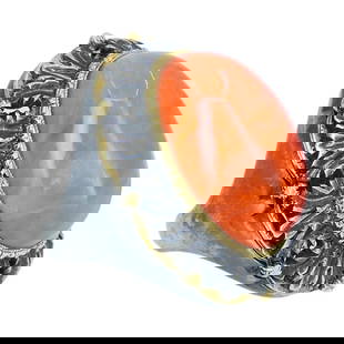 MARIO BUCCELLATI RING VINTAGE CORAL SILVER GOLD ESTATE JEWELRY: MARIO BUCCELLATI RING VINTAGE CORAL SILVER GOLD ESTATE JEWELRY Vintage Mario Buccellati Coral Silver 18k Gold Ring A Mario Buccellati ring featuring coral, mounted in silver with gold accents. This vi