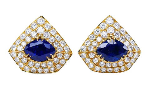 AREZA VINTAGE FRENCH EARRINGS 18K GOLD SAPPHIRE DIAMOND ESTATE JEWELRY: AREZA VINTAGE FRENCH EARRINGS 18K GOLD SAPPHIRE DIAMOND ESTATE JEWELRY AREZA 18 karat Yellow Gold Diamond Sapphire Earrings A pair of vintage French 18k gold earrings, featuring sapphire and diamond.
