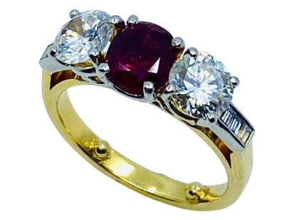 VINTAGE THREE STONE RING GOLD RUBY AND DIAMOND ENGAGEMENT: VINTAGE THREE STONE RING GOLD RUBY AND DIAMOND ENGAGEMENT Vintage Three Stone Ring Gold Ruby and Diamond Engagement A beautiful three stone engagement ring, made of 18k gold, featuring diamonds and a