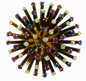 VINTAGE YELLOW GOLD SPUTNIK PIN BROOCH CLIP FRENCH DIAMOND RUBY SAPPHIRE 1950S: VINTAGE YELLOW GOLD SPUTNIK PIN BROOCH CLIP FRENCH DIAMOND RUBY SAPPHIRE 1950S Diamond Ruby Sapphire 18k Yellow Gold Sputnik Clip Inspired by the first sputnik launched in 1957, this colorful clip was