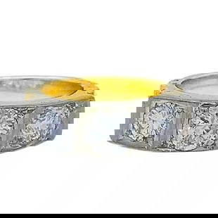 VINTAGE THREE STONE DIAMOND RING 14K GOLD: VINTAGE THREE STONE DIAMOND RING 14K GOLD Product details: DESIGNER: Unknown CIRCA: 1960s MATERIALS: 14k Yellow & White Gold GEMSTONE: Round Brilliant Cut Diamond WEIGHT: 7 Grams RING SIZE: 5.25 MEASU