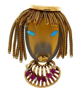 ANDRE COL RUBY TURQUOISE PEARL GOLD BROOCH PIN CLIP FRENCH CUTE GIRL: ANDRE COL RUBY TURQUOISE PEARL GOLD BROOCH PIN CLIP FRENCH CUTE GIRL ANDRE COL Ruby Turquoise Seed Pearl 18k Yellow Gold Brooch, France Fun and chic pin depicting a woman wearing a necklace and a chic