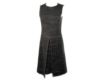 CHANEL BLACK TWEED AND METALLIC SLEEVELESS MIDI DRESS SIZE 40: CHANEL BLACK TWEED AND METALLIC SLEEVELESS MIDI DRESS SIZE 40 CHANEL BLACK TWEED AND METALLIC SLEEVELESS MIDI DRESS SIZE 40 Size 40 Black tweed with metallic detail 92% Wool Featuring front slit desig