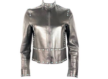 VALENTINO BLACK LEATHER STUDDED JACKET SIZE 8: VALENTINO BLACK LEATHER STUDDED JACKET SIZE 8 VALENTINO BLACK LEATHER STUDDED JACKET SIZE 8 Size 8 Silver tone geometric and turquoise round studs detail Collar Zip closure Two front zipped pockets Tw