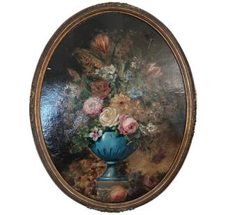 1900’S OVAL FLOWERS IN THE VASE PAINTING ARTWORK: 1900’S OVAL FLOWERS IN THE VASE PAINTING ARTWORK 1900’S OVAL FLOWERS IN THE VASE PAINTING ARTWORK - The style of painting is still life - Oil on board - Oval hand carved wood frame - Unknown artis