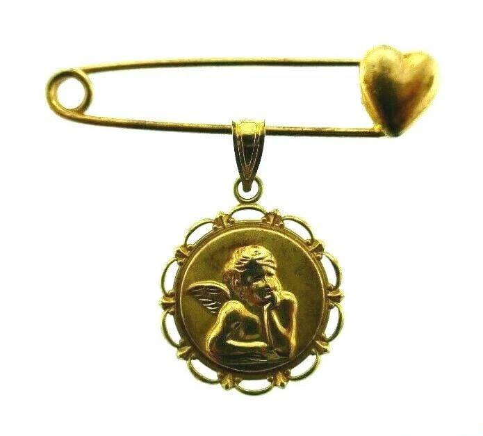 VINTAGE ITALY 14K YELLOW GOLD HEART & ANGEL SAFETY PIN (1 of 2)