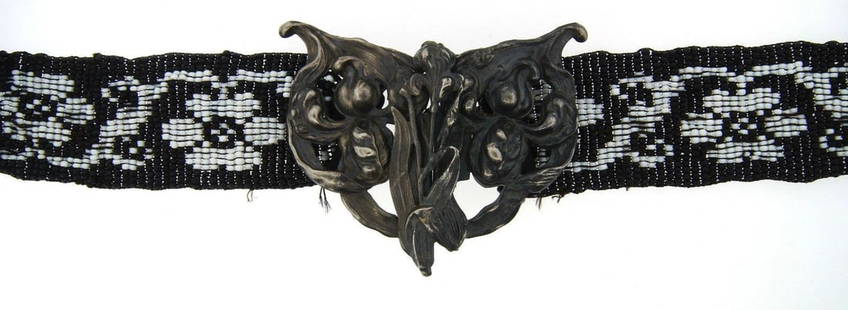 UNIQUE ART NOUVEAU BEADED & SILVER BELT BUCKLE CIRCA 1930S: UNIQUE ART NOUVEAU BEADED & SILVER BELT BUCKLE CIRCA 1930S UNIQUE ART NOUVEAU BEADED & SILVER BELT BUCKLE CIRCA 1930S Art Nouveau Beaded Belt with Silver Buckle · Wonderful belt that is a necessity i