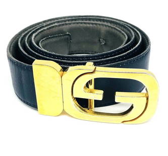 VINTAGE 1970'S GUCCI REVERSABLE NAVY GREY LEATHER GOLD G BUCKLE BELT: VINTAGE 1970'S GUCCI REVERSABLE NAVY GREY LEATHER GOLD G BUCKLE BELT VINTAGE 1970'S GUCCI REVERSABLE NAVY GREY LEATHER GOLD G BUCKLE BELT VINTAGE 1970's GUCCI Reversable Navy Grey Leather Gold G Buckl