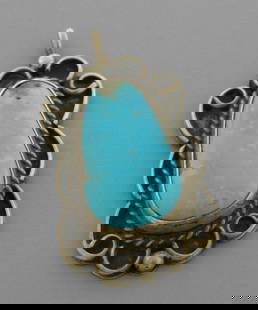 VINTAGE NAVAJO STERLING SILVER TURQUOISE PENDANT: VINTAGE TURQUOISE STERLING SILVER PPENDANT Vintage Navajo Turquoise sterling silver pendant Measures 1.81" H x 1.01" W Vintage, Pre-owned, in good condition for its age, please refer to pics Due to ag