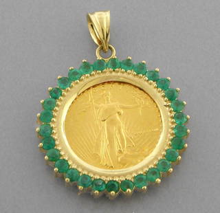 1/10 oz GOLD AMERICAN EAGLE COIN 14K GOLD EMERALD PENDANT: AMERICAN EAGLE GOLD COIN EMERALD PENDANT Pendant Measures 0.91" in diameter $5 1/10oz fine gold American eagle gold coin in a pendant Date can vary Surrounded by 30 round diamond cut emeralds , excell