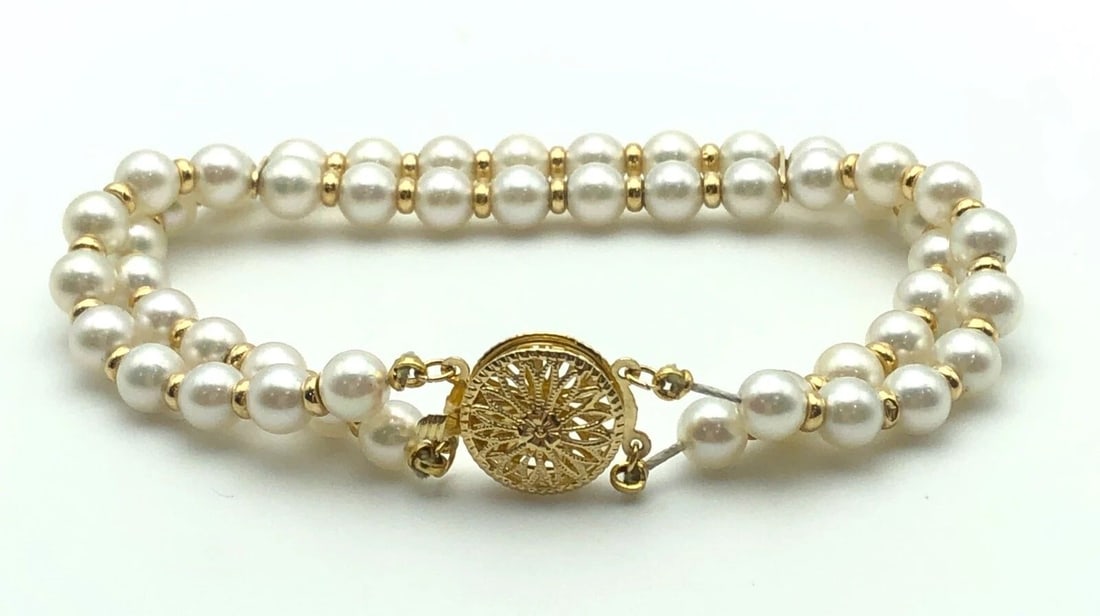 DOUBLE LAYERED CULTURED PEARL BRACELET WITH 14K GOLD   7.5 INCHES (1 of 2)