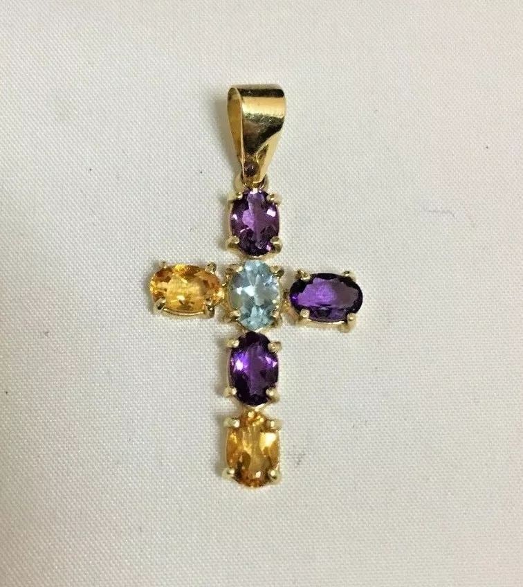 14K YELLOW GOLD CROSS PENDANT AMETHYST, CITRINE, BLUE TOPAZ (1 of 2)