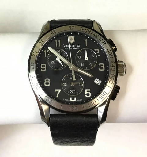 Victorinox Swiss Army Black Face Leather Band Chronograph Watch