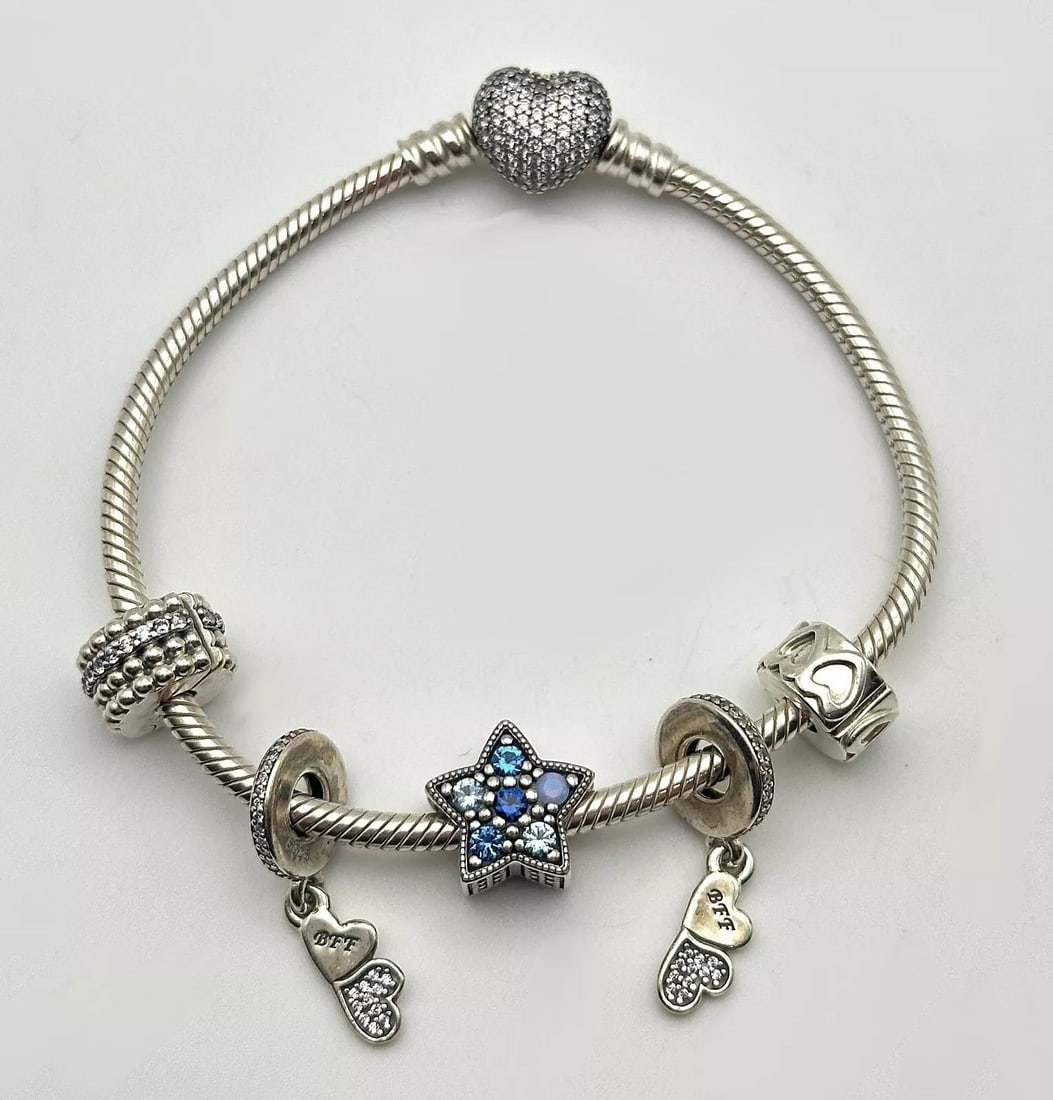 PANDORA 925 STERLING SILVER BRACELET, HEART, STAR, AND BFF CHARMS   7.5"   26.8G (1 of 2)