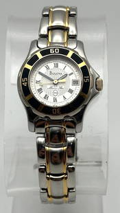 BULOVA MARINE STAR WOMAN'S WATCH DIVER STYLE 98M64: Bulova Marine Star Woman's Watch Diver Style 98M64 Condition: Used, has marks and scratches on it from being worn and used. Material: Stainless Steel Movement: Swiss made quartz battery powered. Runs