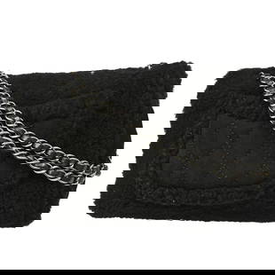 CHANEL BLACK WOOL ARTIFICIAL PEARL SHOULDER BAG: CHANEL BLACK WOOL ARTIFICIAL PEARL SHOULDER BAG OUTSIDE : A: GOOD CONDITION!! Scuffs. INSIDE : A: GOOD CONDITION!! Scuffs and dirt. S : New or new without a tag. SA : Excellent condition. A : Good co