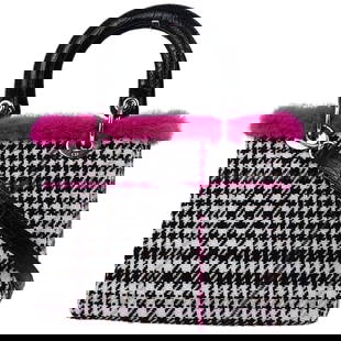 CHRISTIAN DIOR BLACK WOOL FUR LADY DIOR CANNAGE 2WAY HANDBAG: CHRISTIAN DIOR BLACK WOOL FUR LADY DIOR CANNAGE 2WAY HANDBAG pocket Outside - Inside Zipper pocket x1 Size (Inch) : W 9.8 x H 8.3 x D 4.7 " Handle Drop. 3.9 " Strap Drop. 16.5 " Size (CM) : W 25.0 x H