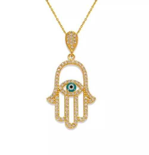 NEW 14K YELLOW GOLD FANCY HAND OF FATIMA EVIL EYE CZ PENDANT (1 of 2)
