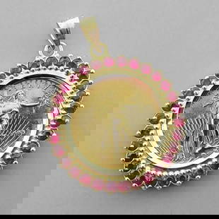 NEW 1/10 oz GOLD AMERICAN EAGLE COIN 14K GOLD RUBY PENDANT: AMERICAN EAGLE GOLD COIN RUBY PENDANT Pendant Measures 0.90" in diameter 1998 $5 1/10oz fine gold American eagle gold coin in a pendant Surrounded by 30 diamond cut rubies Pendant around the coin is 1