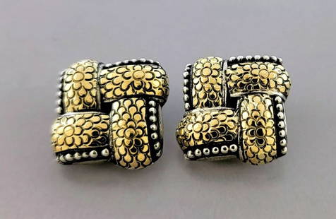 JOHN HARDY 18K GOLD STERLING SILVER EARRINGS CLIP ON BACK: JOHN HARDY 18K STERLING SILVER BROOCH Brooch face measure 1.36" W x 1.27 H Vintage John Hardy 18K Yellow gold Sterling silver brooch Pre-owned in good condition, please refer to pics Stamped JH 18K 92