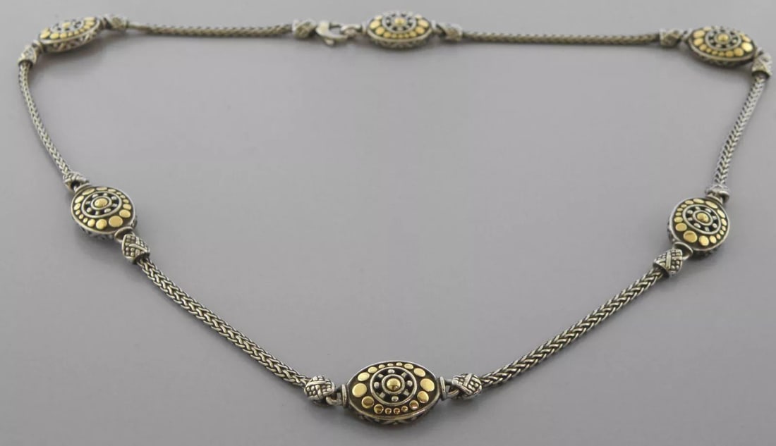 JOHN HARDY 18K GOLD STERLING SILVER OVAL STATION DOT NECKLACE 18": TIFFANY & Co. STERLING SILVER CUFFLINKS Cufflinks Face measures 0.78" W x 0.60" H Tiffany & Co. Sterling silver oval atlas grooved cufflinks Pre-owned, in good condition, please refer to pics Stamped