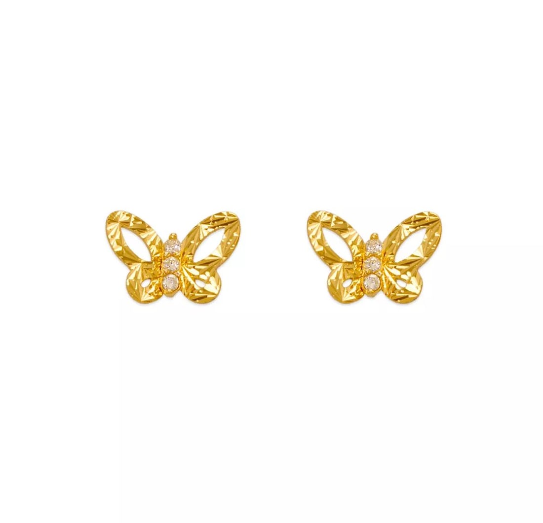 NEW 14K YELLOW GOLD DIAMOND CUT BUTTERFLY CZ STUD EARRINGS (1 of 2)