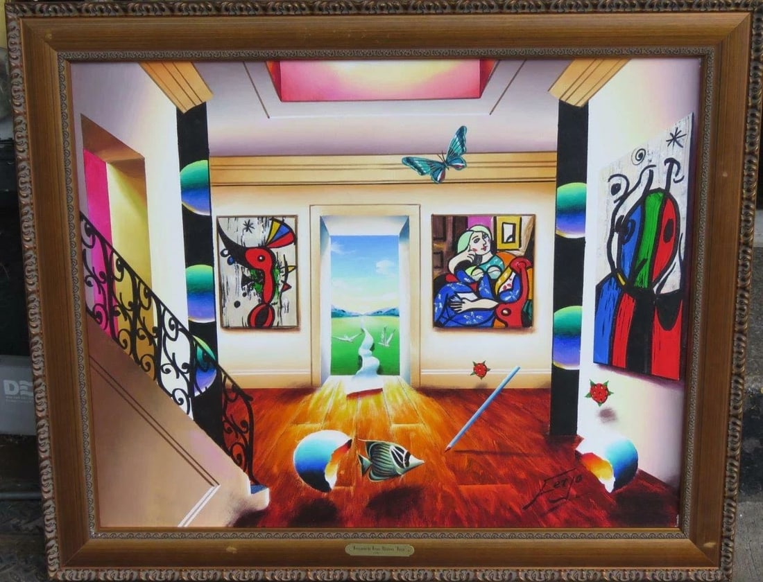 ESTATE FRAMED LRG ORIG FERJO PAINTING HOMMAGE TO PICASSO MIRO: ESTATE FRAMED LRG ORIG FERJO PAINTING HOMMAGE TO PICASSO MIRO LAST CALL, LAST CHANCE!! LIQUIDATION SALE!! The Following Item we are Offering is An Outstanding Rare Important Original Oil Painting on C