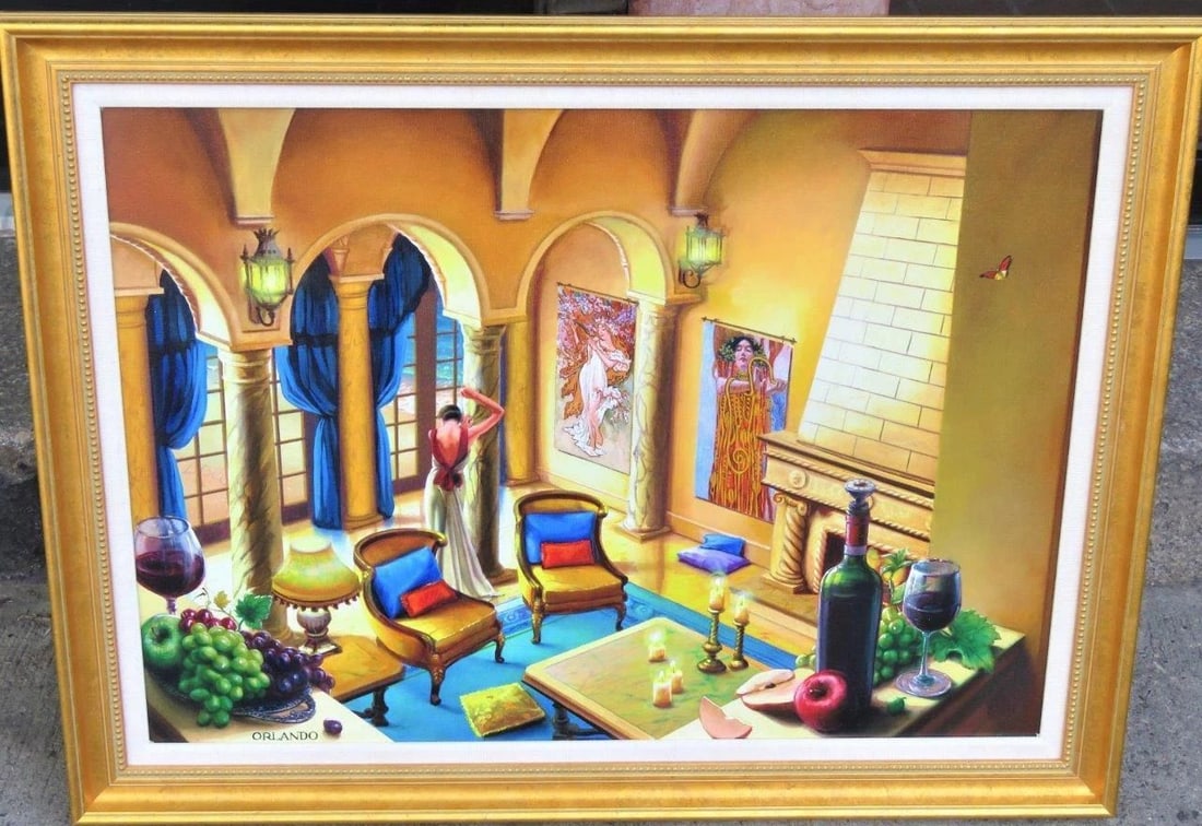 FRAMED LRG DLX OIL BY ORLANDO HOMMAGE TO ALPHONSE MUCHA: FRAMED LRG DLX OIL BY ORLANDO HOMMAGE TO ALPHONSE MUCHA LAST CALL, LAST CHANCE!! LIQUIDATION SALE!! The Following Item we are Offering is An Outstanding Rare Important Original Oil Painting on Canvas.