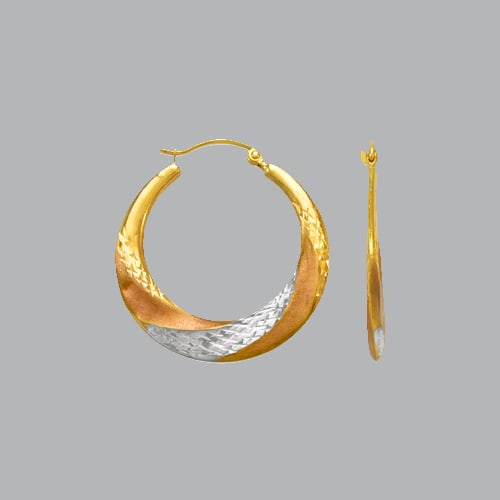 14K TRI COLOR GOLD FANCY HOLLOW SHRIMP HOOP EARRINGS (1 of 1)