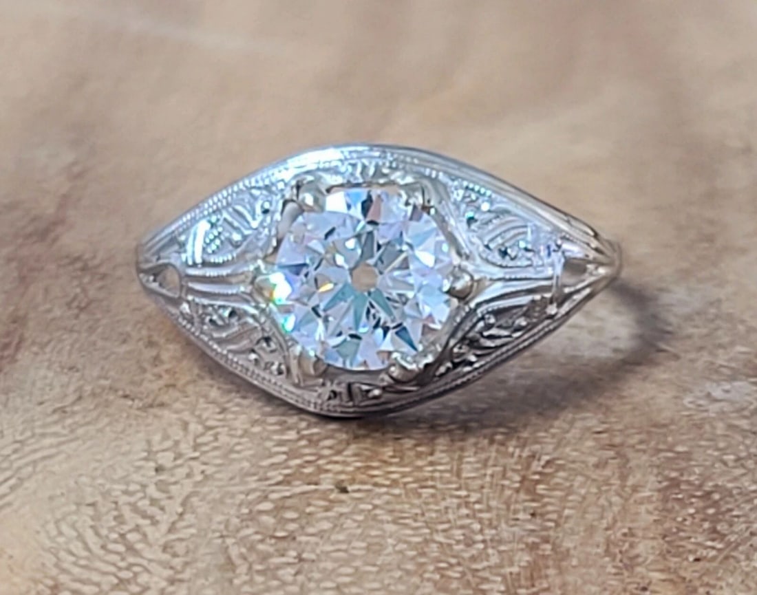 1.02CT 14K WHITE GOLD FILIGREE  ENGAGEMENT RING NATURAL EURO CUT ROUND DIAMOND (1 of 2)