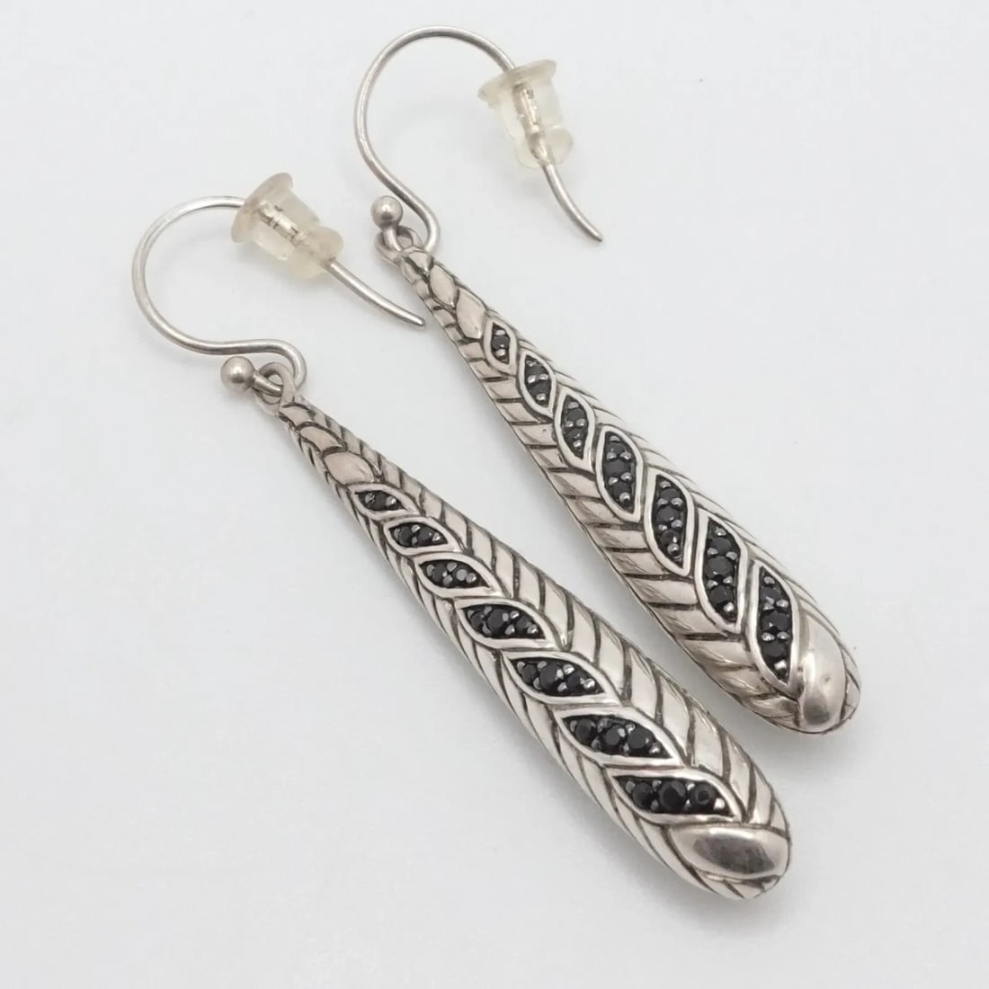 JOHN HARDY STERLING SILVER PAVE BLACK SAPPHIRE DROP HOOK EARRINGS: JOHN HARDY STERLING SILVER PAVE BLACK SAPPHIRE DROP HOOK EARRINGS John Hardy Sterling Silver Pave Black Sapphire Drop Hook Earrings with Customized Alternative Hook Earrings Total Height - 2.2" Width