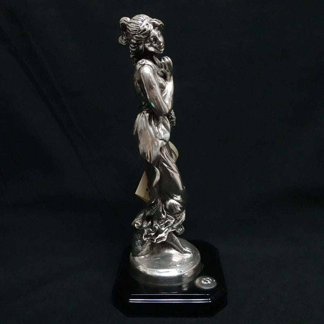 EMYL SERE PREZIOSI D'ARTE HAND CAST MARBLE SILVER OVERLAY WOMAN STATUE - 9.5": PREZIOSI D'ARTE EMYL SERE HAND CAST MARBLE SILVER OVERLAY WOMAN STATUE - 9.5" Preziosi D'Arte Emyl Sere Hand Cast Marble Silver Overlay Woman Statue with Black Wood Base Original Tag Included Height -